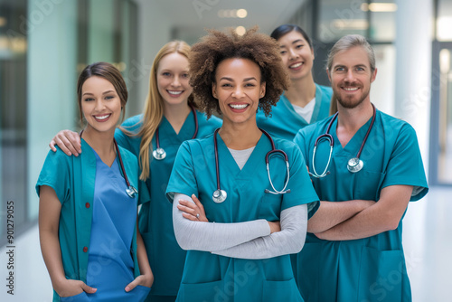 Hospital medical team banner with group of smiling healthy doctors and nurses