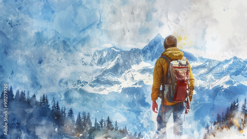 Man in Hiking Gear with Rucksack Looking at Mountain Watercolor Illustration Background Adventure Trekking Outdoor Nature Scene