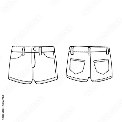 Shorts pants for kids with pockets. Front and back view. Flat sketch fashion illustration
