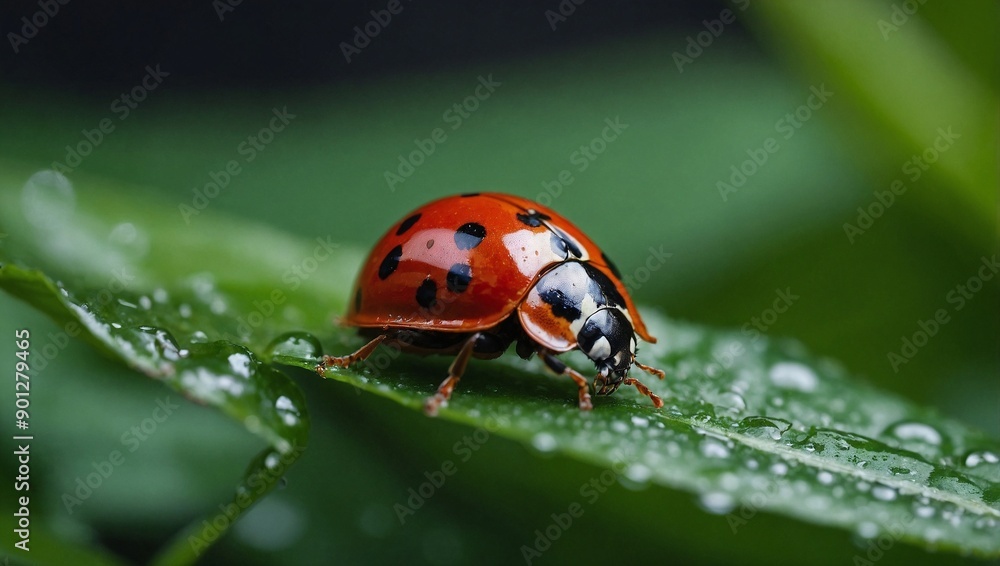 Spotted lady bug crawls on wet green leaf Spotted lady bug crawls on wet green leaf