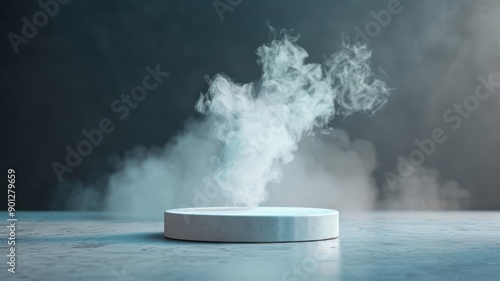 3D podium with dark black background, smoke, fog, spotlight, abstract stage for dramatic product showcasing in a studio.