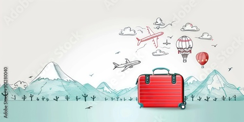 Travel Concept with Red Luggage and Doodles photo