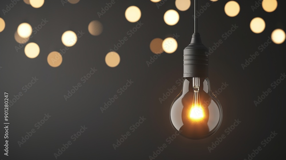 An elegant black lightbulb hanging from a wire, with a soft, warm glow illuminating the surrounding space. The minimalist composition offers plenty of copy space for adding text or graphics. An elegant black lightbulb hanging from a wire, with a soft, warm glow illuminating the surrounding space. The minimalist composition offers plenty of copy space for adding text or graphics.