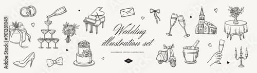 Set of hand drawn wedding illustrations with different elements, rings, champagne, cake, bouquet, church, piano and champagne glasses. Vector wedding illustrations for invitations, cards and posters.