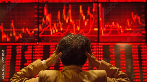 An investor watching stock market numbers plummet on screens, reflecting the unpredictability of financial markets