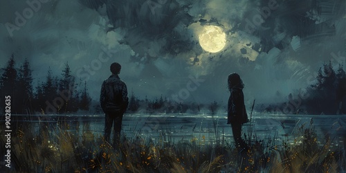 a man and woman standing in grass looking at the moon.
