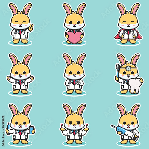 Vector illustration of Cute Character Cartoon of Rabbit Doctor. Rabbit character different poses illustration. Flat Cartoon Style. Animal Health Concept. 
