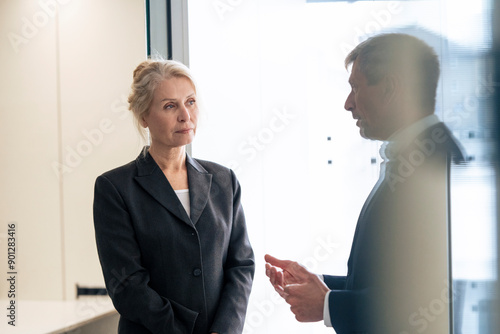 Senior business colleagues discussing with each other at office