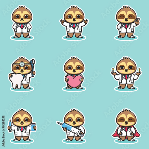 Vector illustration of Cute Character Cartoon of Sloth Doctor. Sloth character different poses illustration. Flat Cartoon Style. Animal Health Concept. 