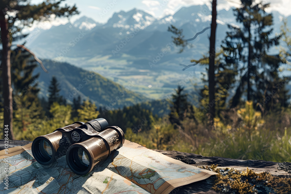 Mountain hiking with views of a castle and fortress in the landscape, featuring old binoculars and a telescope against the sky