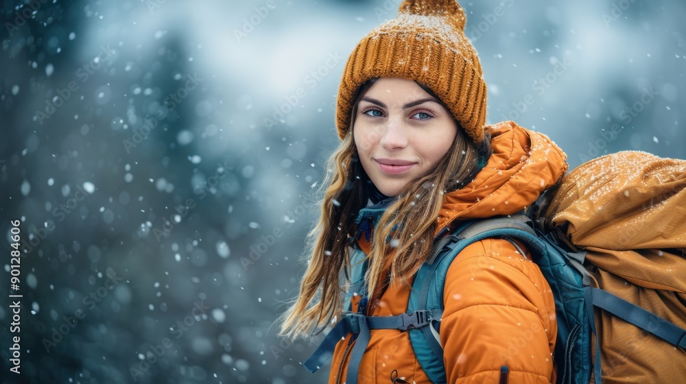 A woman in winter gear hiking in a snowy landscape, with snowflakes falling around her, showcasing a winter adventure. A woman in winter gear hiking in a snowy landscape, with snowflakes falling around her, showcasing a winter adventure.