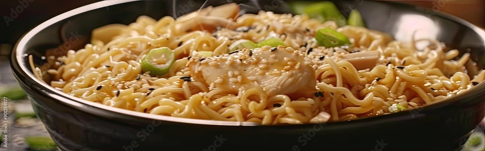 Delicious bowl of noodles topped with chicken, green onions, and sesame seeds, perfect for a satisfying meal. Delicious bowl of noodles topped with chicken, green onions, and sesame seeds, perfect for a satisfying meal.