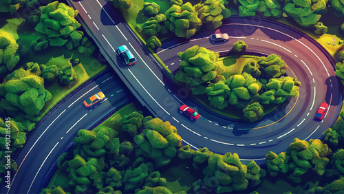 Motorway with Winding Serpentine Road Cars Travelling Cartoon Environment Adventure Mobile Game Highway Scene Transportation Illustration Freeway Traffic Journey