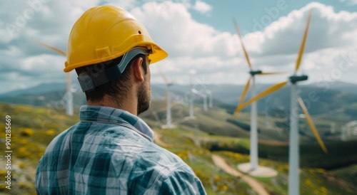 Worker Observing Wind Turbines in Rural Landscape