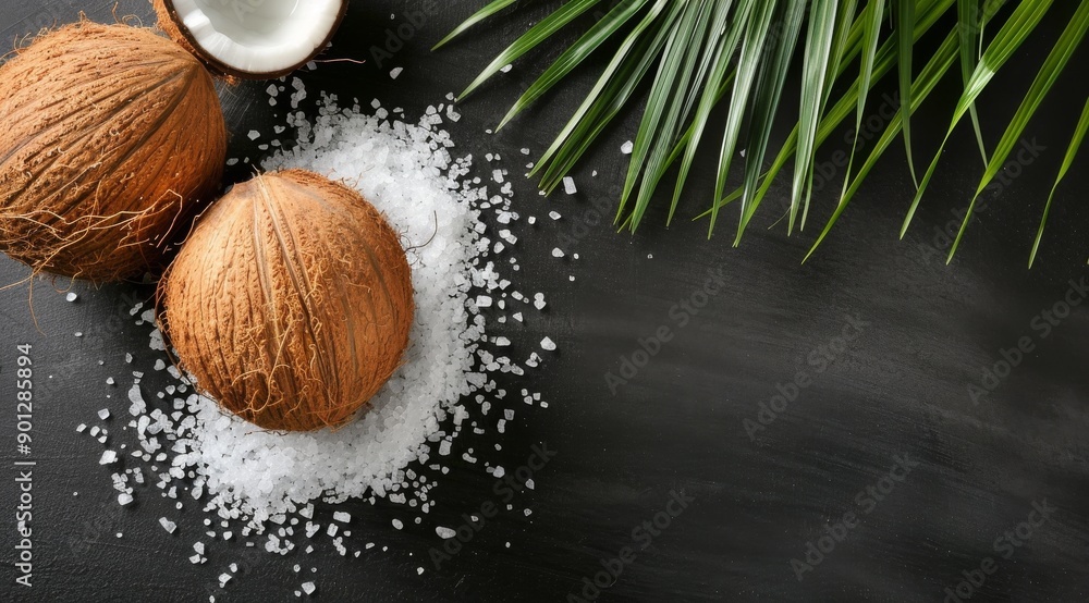 Coconuts and Palm Leaf on Black Background Coconuts and Palm Leaf on Black Background