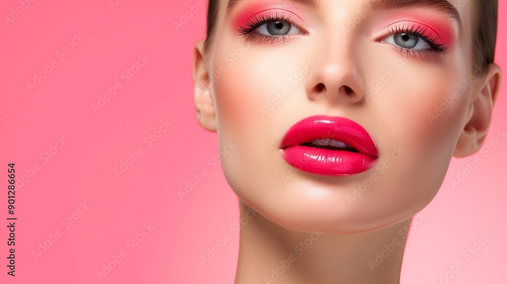 A woman with a pink lip color and a pink background. She is wearing a pink lipstick. Concept of beauty and confidence A woman with a pink lip color and a pink background. She is wearing a pink lipstick. Concept of beauty and confidence