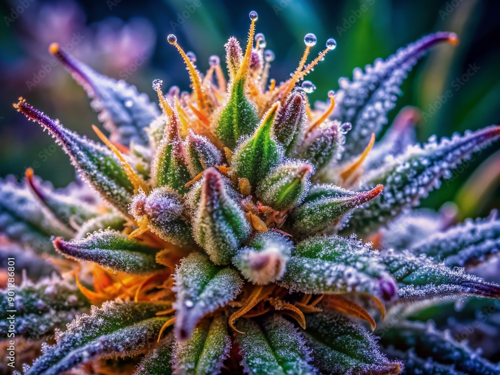 Vibrant, shimmering trichomes cover a lush green marijuana bud, showcasing intricate details of the plant's potent resinous glands in stunning, up-close clarity. Vibrant, shimmering trichomes cover a lush green marijuana bud, showcasing intricate details of the plant's potent resinous glands in stunning, up-close clarity.