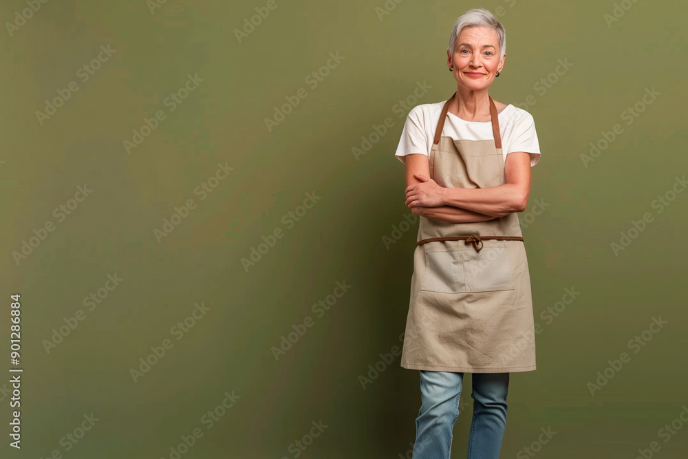 Full-body photo of a confident middle-aged woman with short gray hair wearing an apron and casual clothing, standing with arms crossed against a green background Full-body photo of a confident middle-aged woman with short gray hair wearing an apron and casual clothing, standing with arms crossed against a green background