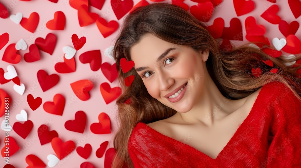A woman is laying on a bed with a red and white background. She is surrounded by many red hearts A woman is laying on a bed with a red and white background. She is surrounded by many red hearts