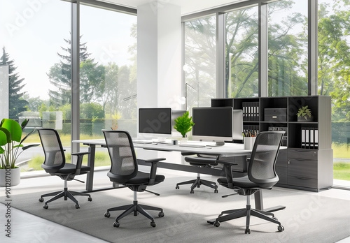 A bright and modern office featuring large windows, ergonomic chairs, multiple computer workstations, and lush greenery, creating a productive workspace.  © GustavsMD