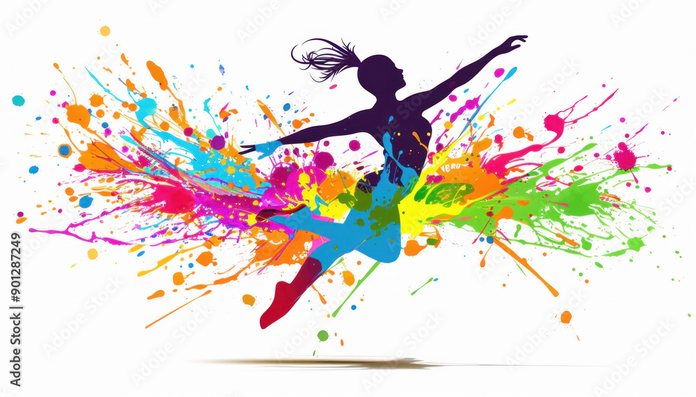 Obraz premium The picture shows a woman leaping in the middle of vibrant splashes of colorful paint