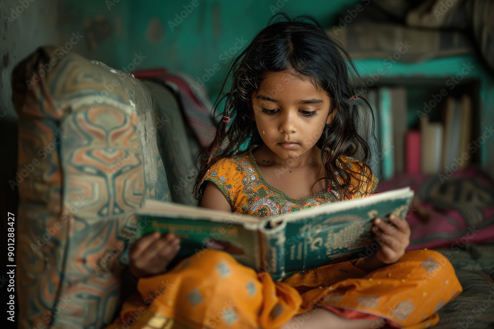 little indian girl reading book at home little indian girl reading book at home