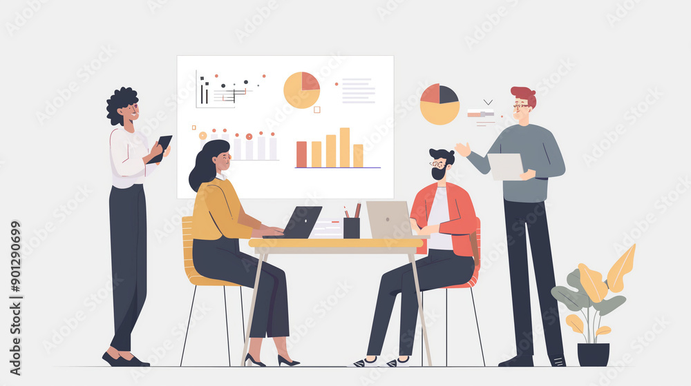 Team of business professionals collaborating on presentation in modern office setting Team of business professionals collaborating on presentation in modern office setting