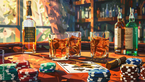 Poker Table Underground Casino Cards Chips Unsmoked Cigars Money Whiskey Glasses Watercolor Illustration Background Gambling Scene High Stakes Game Nightlife Theme