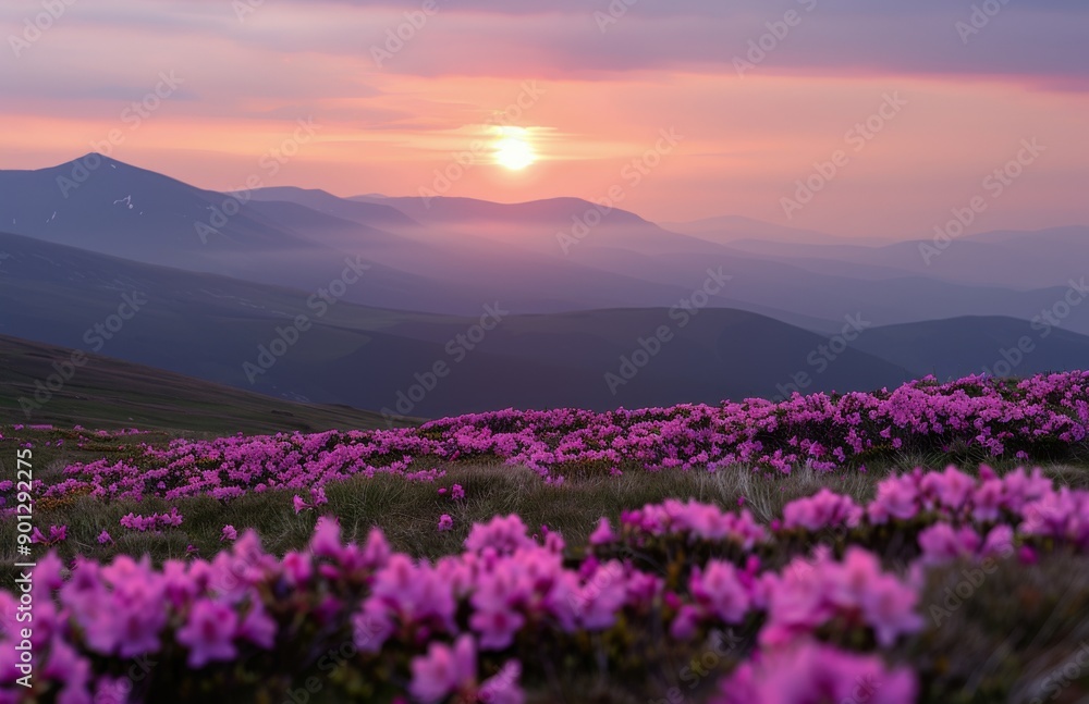 Fototapeta premium Purple Flowers at Sunset in the Mountains