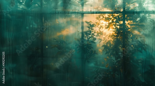 Abandoned house with old window and blue wall. Grungy background with raindrops on the glass. © nataliia_ptashka