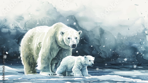 Polar Bear Cub Watercolour Background Illustration Arctic Wildlife Mother Baby Animal Snowy Landscape Northern Hemisphere Iceberg Glacier