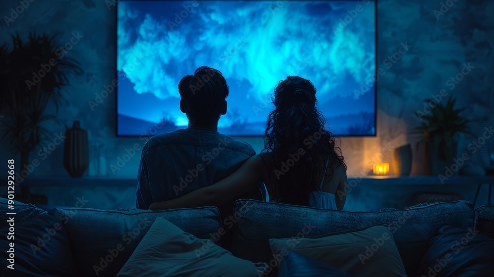 A couple behind the Angle, sitting on a couch, looking at their modern flat-screen TV screen A couple behind the Angle, sitting on a couch, looking at their modern flat-screen TV screen