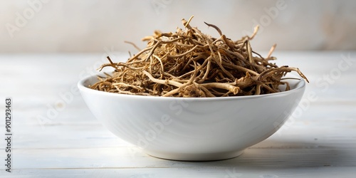 Hog weed Boerhavia diffusa dried roots on white ceramic bowl AI Generative photo