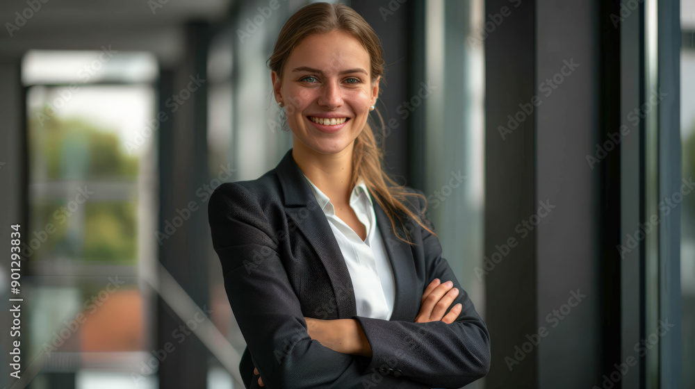 Business concept. Manager woman standing in office arms crossed wearing a suit.