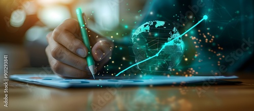 Hand drawing upward financial chart with a digital globe in the background.