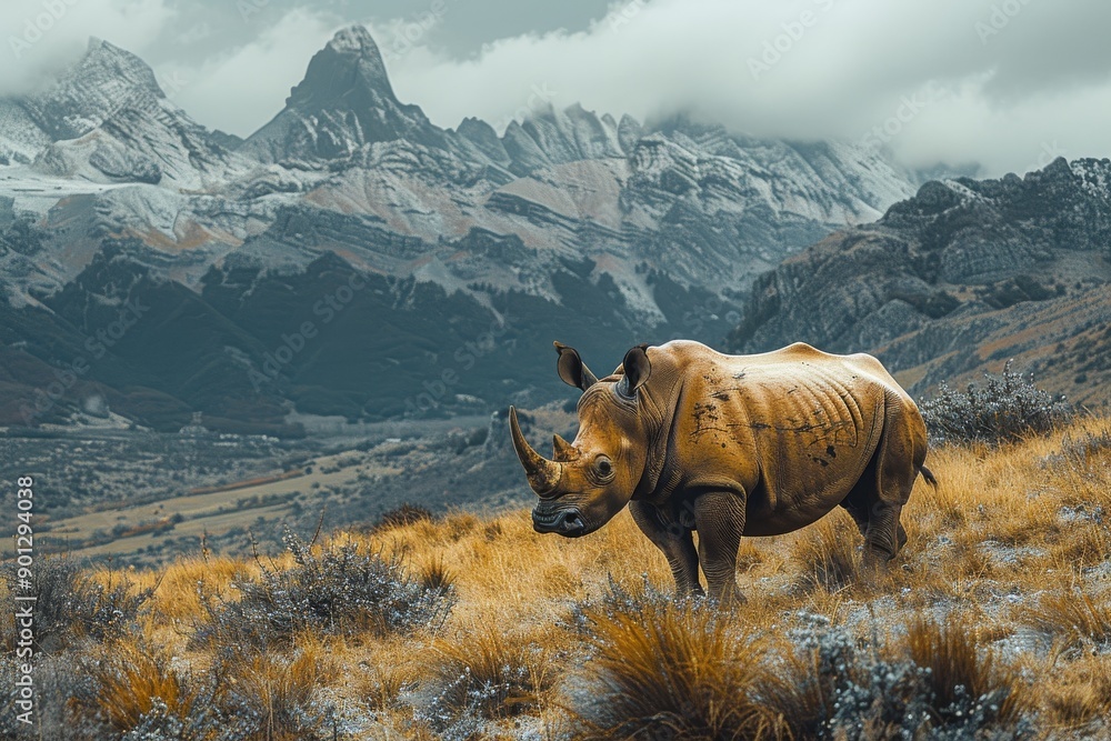 Fototapeta premium Rhinoceros on the mountain, emphasizing the majesty of the animal in the wild, rugged setting