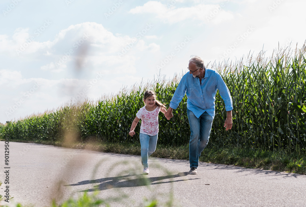 Carefree grandfather and granddaughter running on footpath near field Carefree grandfather and granddaughter running on footpath near field