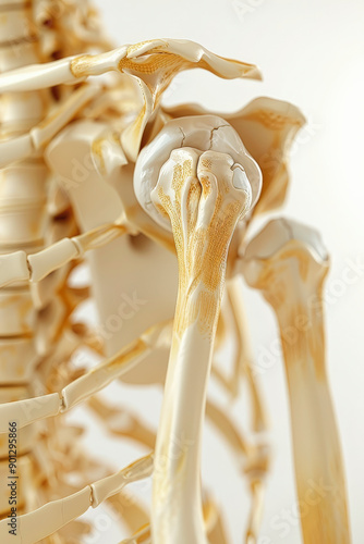 Close-up view of a detailed anatomical model of a human shoulder joint, showcasing bones and ligaments in a medical context. photo