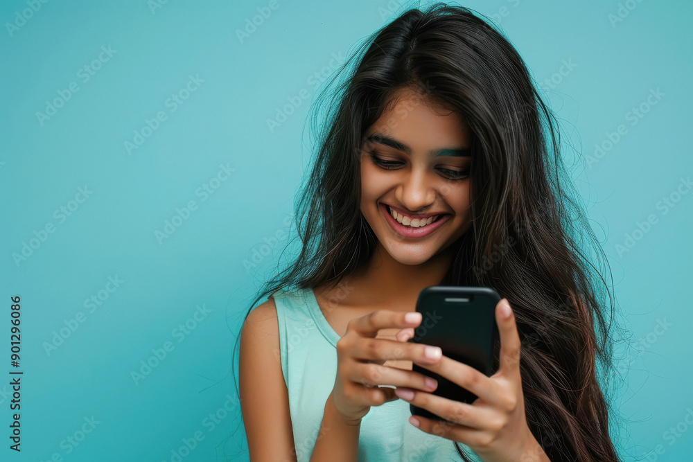 young indian woman using smartphone on blue background young indian woman using smartphone on blue background