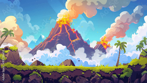 Prehistoric Volcanoes Cartoon Environment Adventure Mobile Game Level Illustration Dinosaur Era Jungle Exploration Fun Gaming Experience