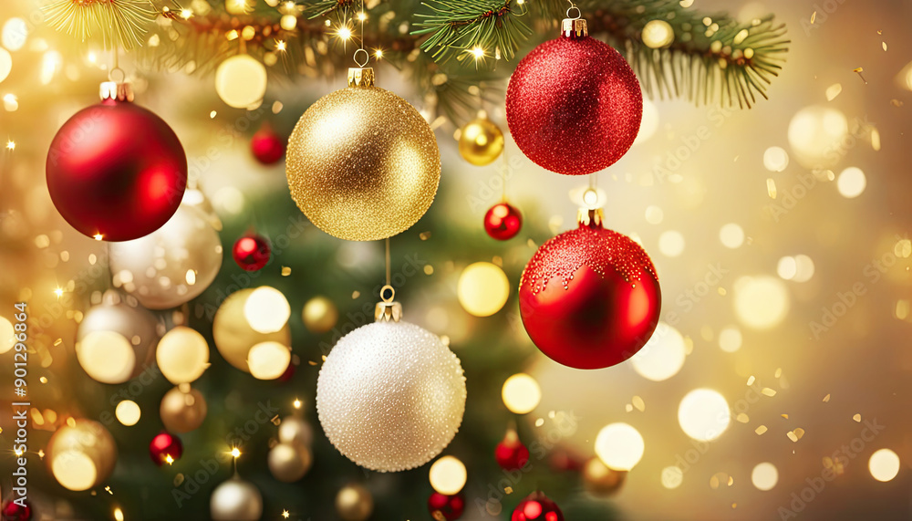 Close up of red, white balls on christmas tree. Bokeh garlands in the background. New Year concept. Close up of red, white balls on christmas tree. Bokeh garlands in the background. New Year concept.