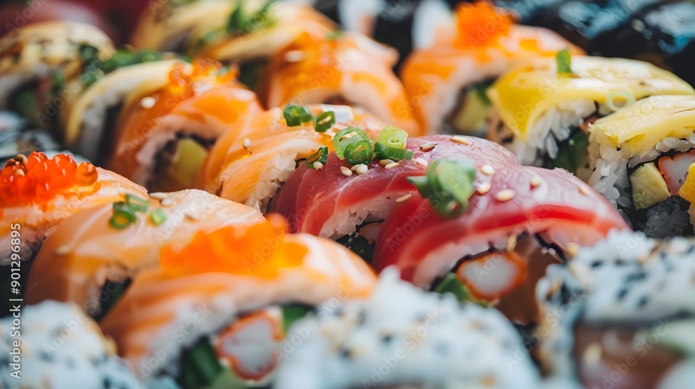 Assorted Sushi Rolls with Vibrant Toppings - Gourmet Japanese Cuisine Assorted Sushi Rolls with Vibrant Toppings - Gourmet Japanese Cuisine