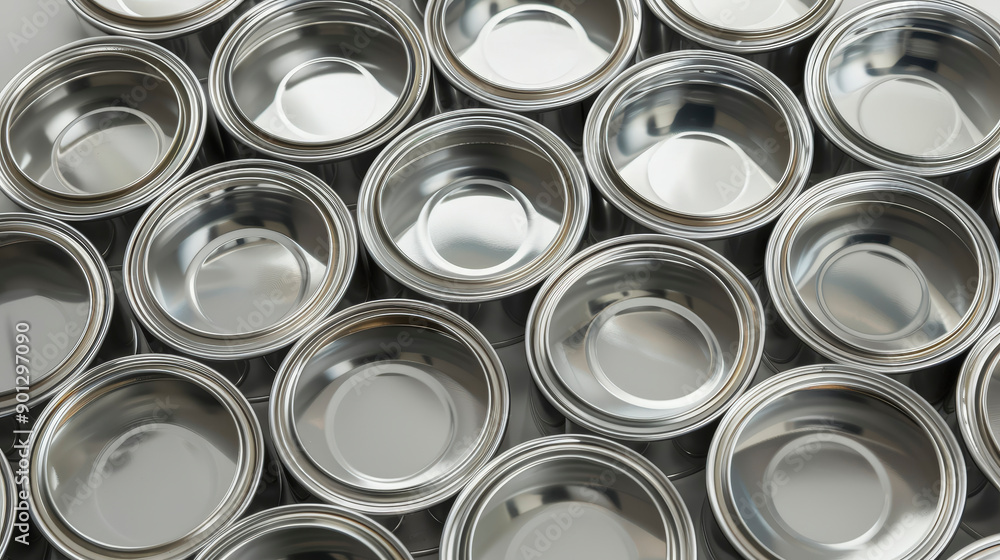 A collection of empty, shiny, metallic cans arranged closely together in a repetitive pattern, creating a reflective and industrial visual effect. A collection of empty, shiny, metallic cans arranged closely together in a repetitive pattern, creating a reflective and industrial visual effect.