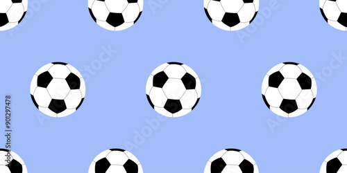 Seamless pattern with soccer balls on a blue background, sports games, inventory for sportsmen