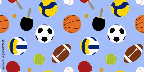 Seamless pattern with balls for various sports games on a blue background, inventory for sportsmen