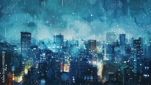 Rainy Evening Landscape Big City Watercolor Illustration Background Urban Scene Nighttime Skyline Reflections Streets Lights