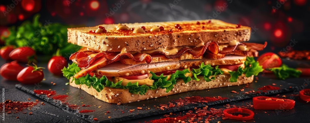 Delicious sandwich with layers of fresh ingredients, bacon, and vibrant toppings on a rustic slate backdrop. Delicious sandwich with layers of fresh ingredients, bacon, and vibrant toppings on a rustic slate backdrop.