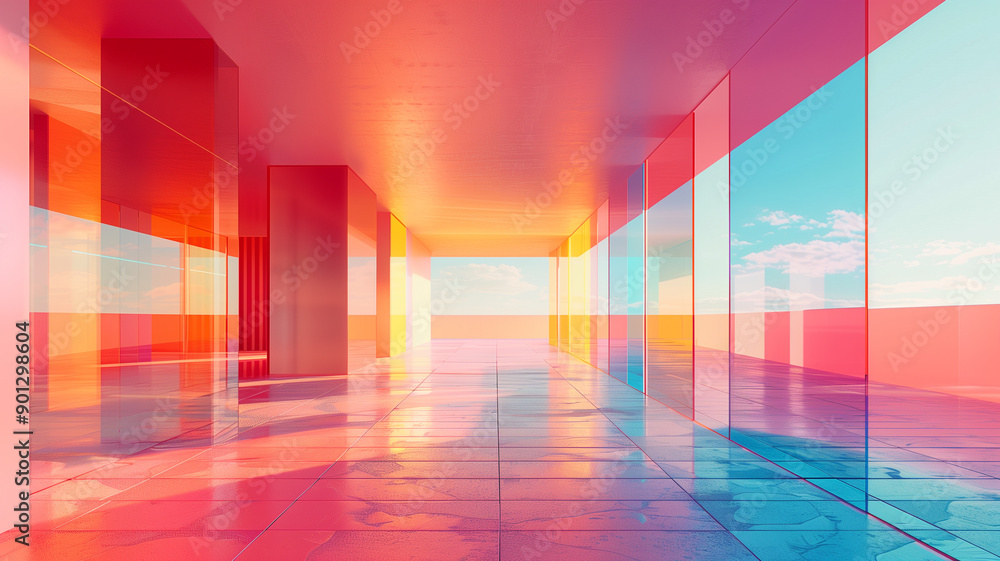 The image displays a modern and vibrant architectural space with colorful glass panels, reflecting shades of red, pink, yellow, and blue, creating an abstract and futuristic atmosphere. The image displays a modern and vibrant architectural space with colorful glass panels, reflecting shades of red, pink, yellow, and blue, creating an abstract and futuristic atmosphere.