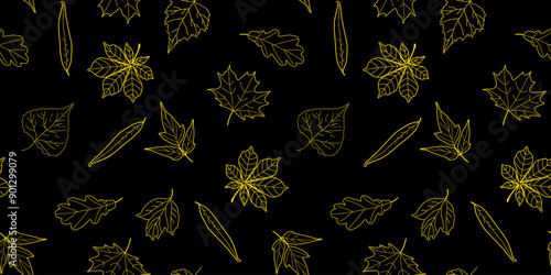 Seamless pattern of yellow contours of leaves on a black background for fabric, wrapping paper, botanical illustration