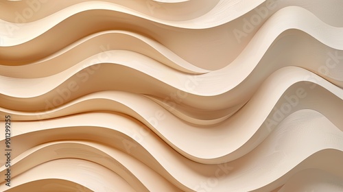 Fototapeta Naklejka Na Ścianę i Meble -  Beige 3D wall panel with wavy pattern, pearl light brown texture, abstract art structure, macro view, decorative interior backdrop.